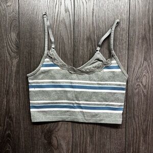 Aries Elegant Gray and Blue Striped Bralette with Lace Trim Large